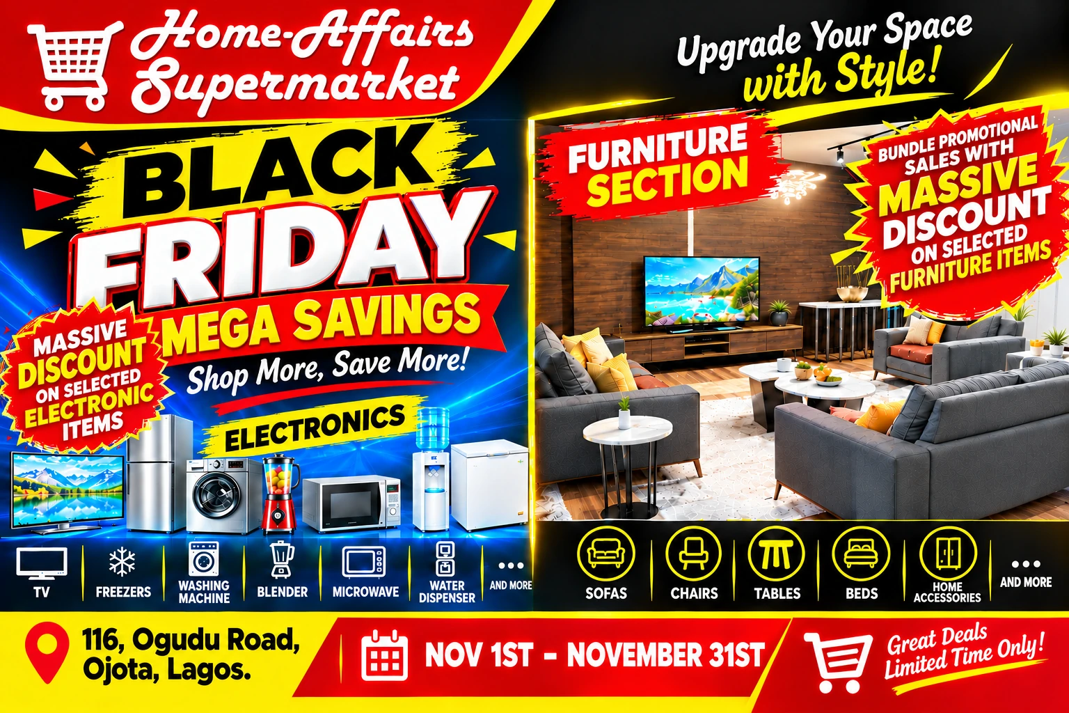 HomeAffairs Black Friday Mega Savings. Electronics and furniture bundle offers. Shop More, Save More!